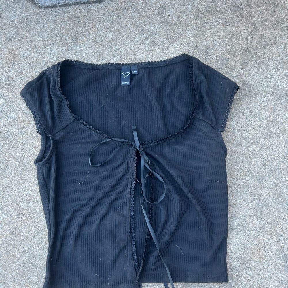 Windsor Black Ribbed Crop Top with Tie-Front